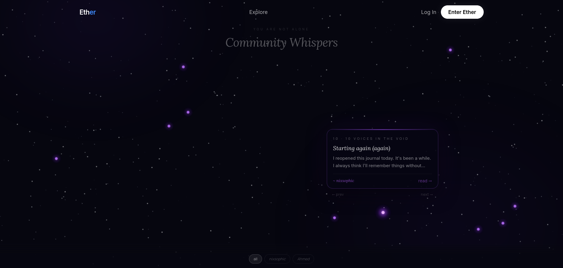 Ether landing page community explore section