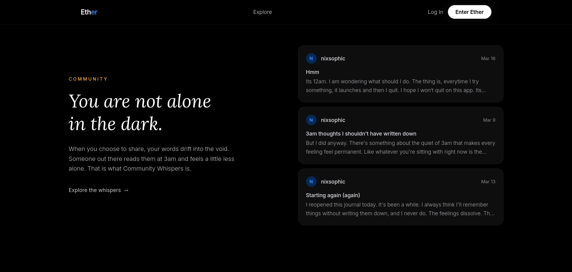 Ether landing page community section