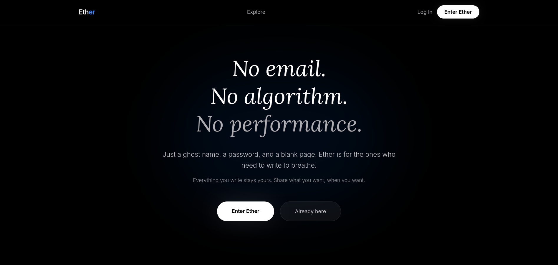 Ether landing page CTA section