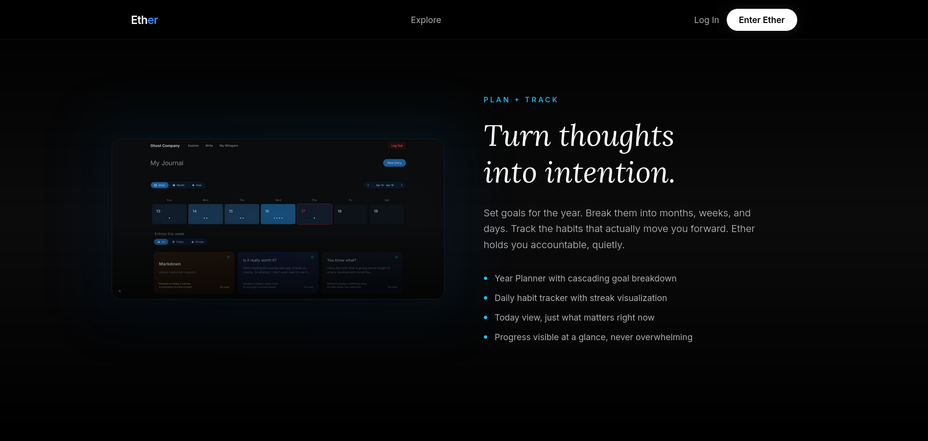 Ether landing page feature section