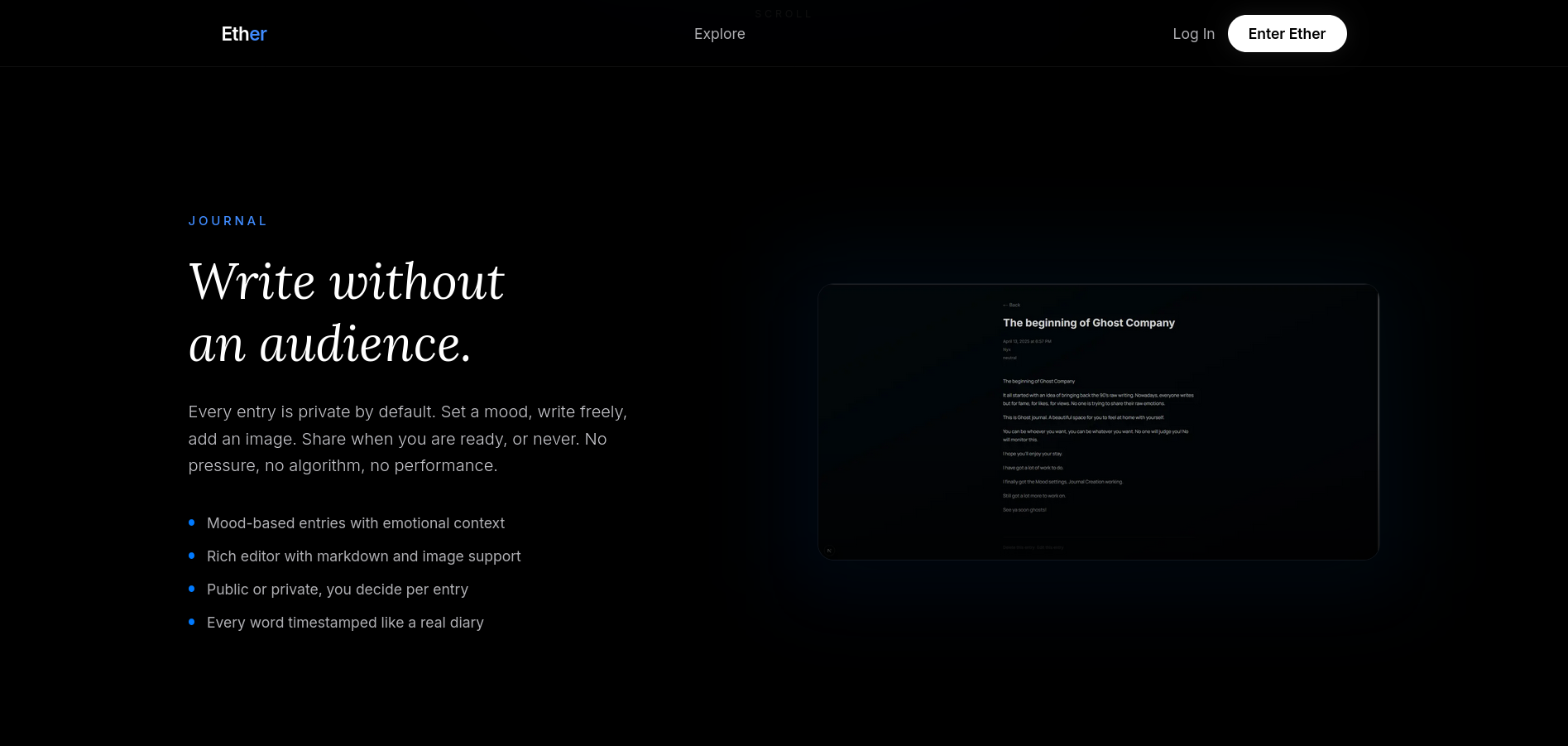 Ether landing page intro section
